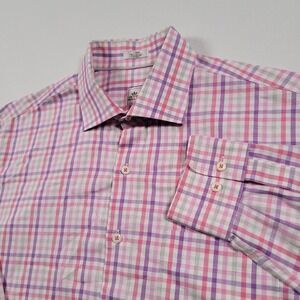 Peter Millar Men Button Down Shirt Large Pink Purple Plaid Cotton